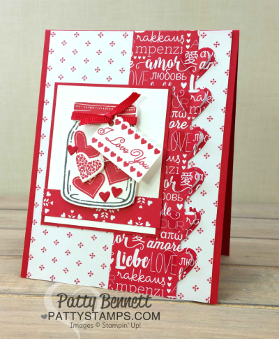 Sending Love Suite Valentine card ideas from the Stampin Up! 2017 Occasions catalog featuring Sending Love paper stack, Sealed with Love stamp set and Love Notes framelits, and Jar of Love bundle by Patty Bennett