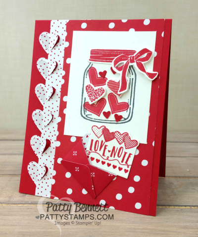 Sending Love Suite Valentine card ideas from the Stampin Up! 2017 Occasions catalog featuring Sending Love paper stack, Sealed with Love stamp set and Love Notes framelits, and Jar of Love bundle by Patty Bennett