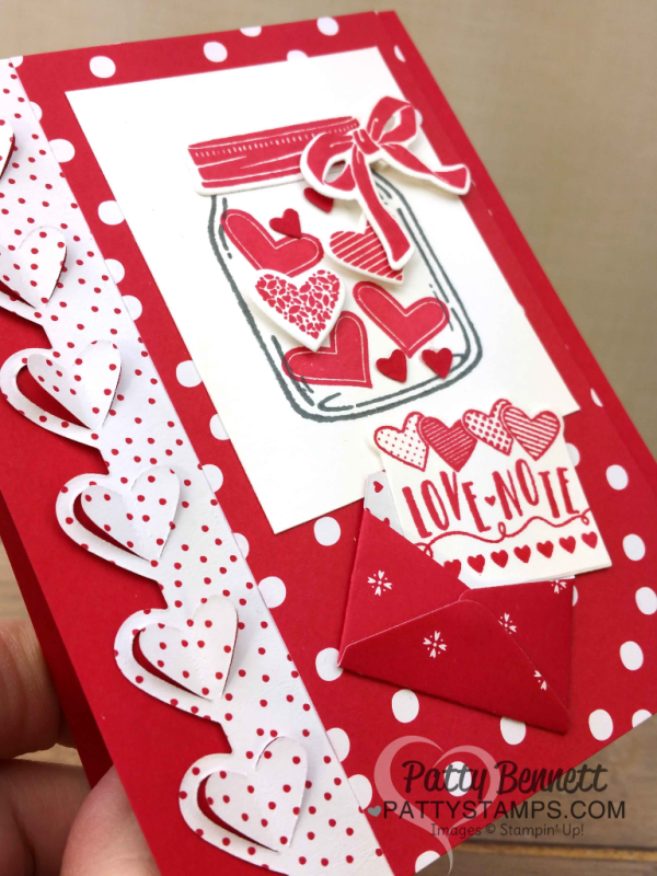 Sending Love Suite Valentine card ideas from the Stampin Up! 2017 Occasions catalog featuring Sending Love paper stack, Sealed with Love stamp set and Love Notes framelits, and Jar of Love bundle by Patty Bennett