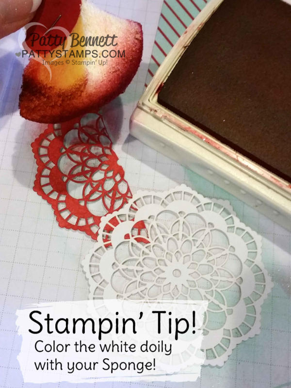 Amazing Stampin' Tip for Stampin' Up! Lace Doilies: use a sponge and ink to change the color of these gorgeous Lace doilies!