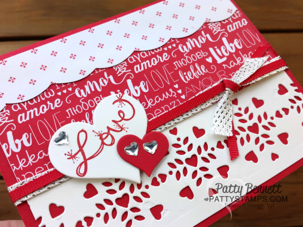 Valentine card idea stamped with Stampin' Up! Love Sparkles stamp set, and die cut with heart image from the Window Box thinlit die set. Red and White patterned paper from Sending Love paper stack.  by Patty Bennett