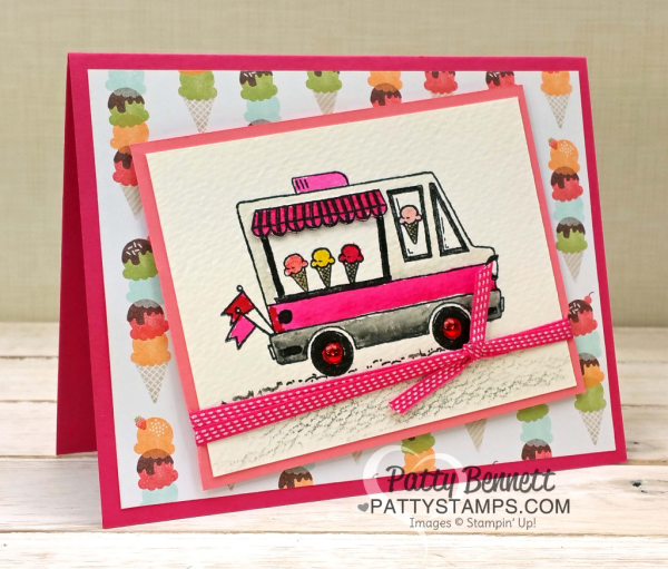 Stampin' Up! Tasty Trucks Sale-a-bration stamp set - free with $50 purchase through 3-31-17.  Taco Truck, Ice Cream Truck or Cupcake Truck.. take your pick! Stamped and created on Watercolor paper with Watercolor Pencils, Blender Pens and Aquapainter by Patty Bennett. 