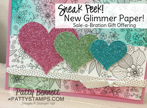 Stampin' UP! Inside the Lines Sale a Bration paper - color it in with markers, pencils, spritzers or sponge in your color as shown here.  New Sale a Bration glimmer paper hearts die cut with the Sweet & Sassy heart framelits, by Patty Bennett