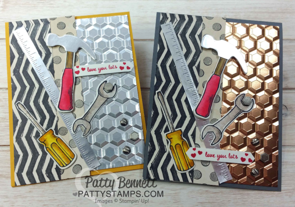 "Tool Cards" featuring the Urban Underground Suite from Stampin' Up! with the Hexagon Dynamic embossing folder, by Patty Bennett