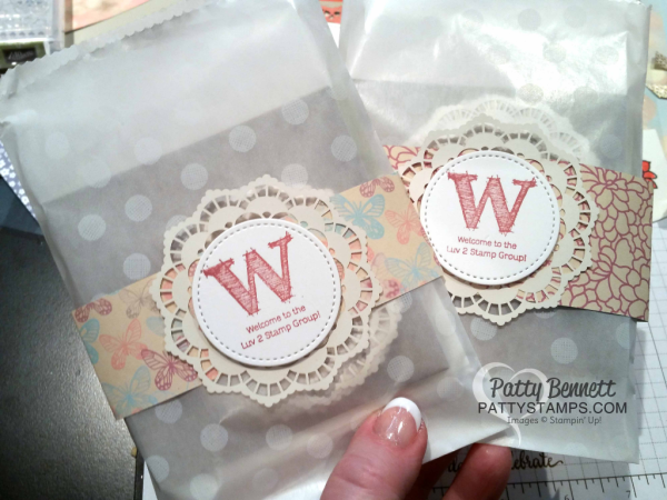 Gift bag Featuring Falliing in Love designer paper and lace dolies. Glassine bag from Stampin' Up!. Project by Patty Bennett Gift bag Featuring Falliing in Love designer paper and lace dolies. Glassine bag from Stampin' Up!. Project by Patty Bennett