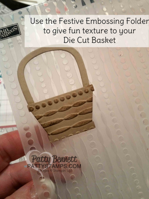 Emboss the Basket Builder framelit die cut basket with the Stampin' Up! Festive Embossing Folder!