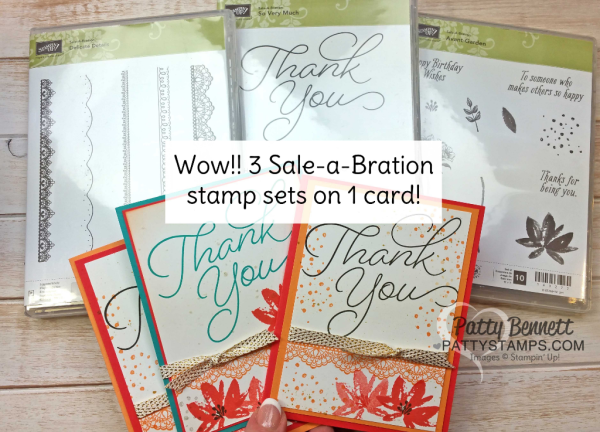 Stampin' UP! Sale-a-Bration stamp sets on Thank You Cards.  Color Fuser Blog Hop for February 2017.  Avant Garden, Delicate Details and So Very Much stamp sets featured.