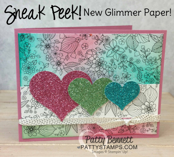 Stampin' UP! Inside the Lines Sale a Bration paper - color it in with markers, pencils, spritzers or sponge in your color as shown here.  New Sale a Bration glimmer paper hearts die cut with the Sweet & Sassy heart framelits, by Patty Bennett