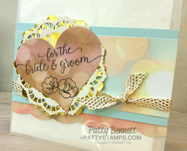 Gift bag for bride & groom for your wedding card. Featuring Falliing in Love designer paper and Falling For You stamp set, metallic and paper doilies and die cut Sweet & Sassy heart. Glassine bag from Stampin' Up!. Project by Patty Bennett Gift bag for bride & groom for your wedding card. Featuring Falliing in Love designer paper and Falling For You stamp set, metallic and paper doilies and die cut Sweet & Sassy heart. Glassine bag from Stampin' Up!. Project by Patty Bennett