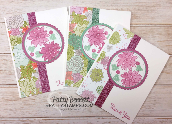 Oh So Succulent stamp set cards featuring Succulent Garden paper and Sale-a-Bration glimmer paper, stitched shape and layering circle framelits from Stampin' Up!  cards by Patty Bennett