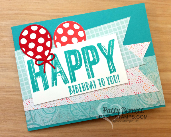 Happy Celebrations stamp set birthday card featuring Stampin' Up! supplies, and Balloon Pop-Up framelits
