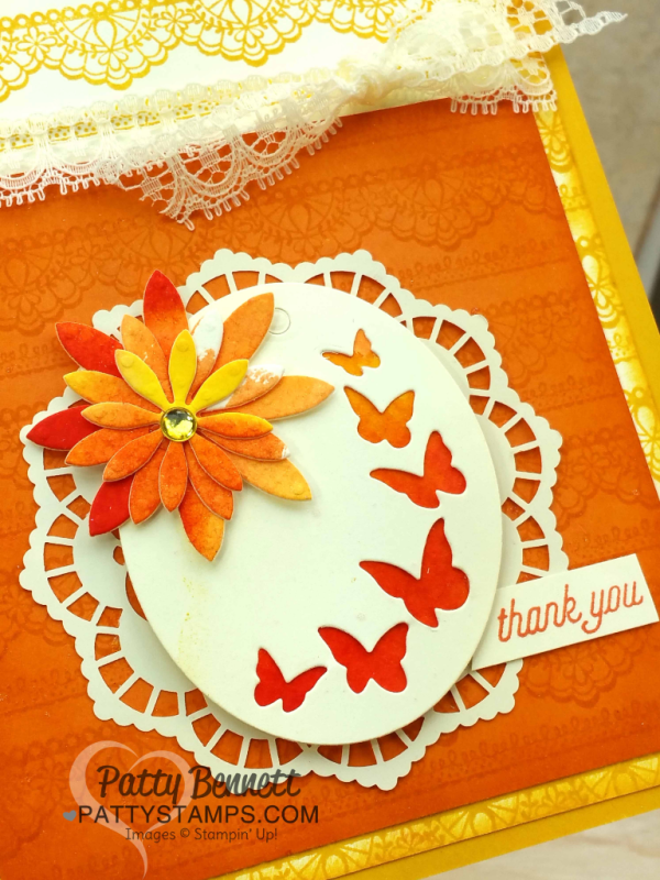 Delicate Details lace stamps from Stampin' Up! Sale-a-Bration 2017 creates a beautiful background for this Timeless Tags butterfly oval die cut and lace doily card by Patty Bennett