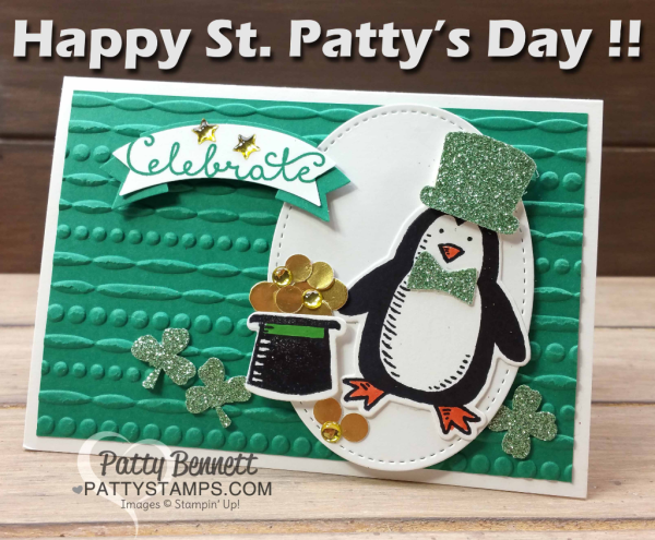 Snow Place penguin from Stampin' UP! - Happy St. Patty's day card from pattystamps.com