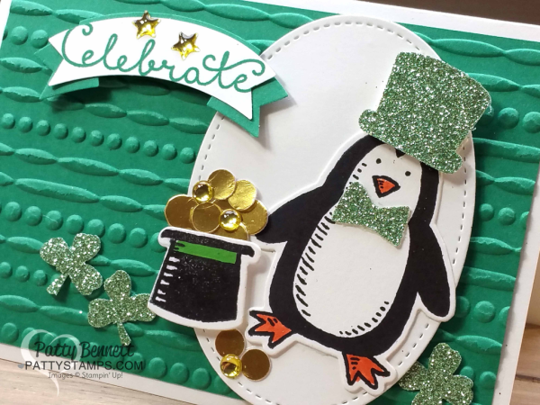Snow Place penguin from Stampin' UP! - Happy St. Patty's day card from pattystamps.com featuring Snow Friends framelit dies green glimmer hat and bow tie, and hat full of gold coins.