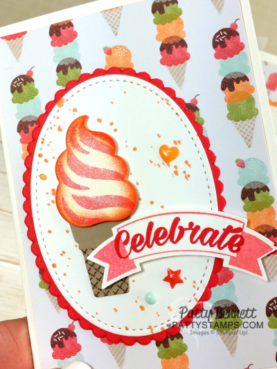 Stampin' UP! Cool Treats stamp set and Frozen Treats framelits (bundle and save 10%) "soft serve" ice cream cone card idea by Patty Bennett