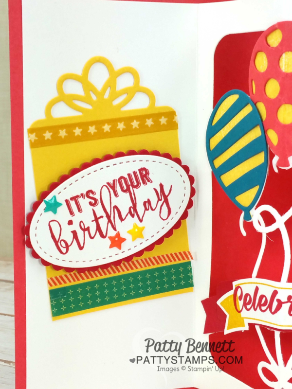 Balloon pop-up die birthday card idea featuring Stampin' UP! supplies, by Patty Bennett