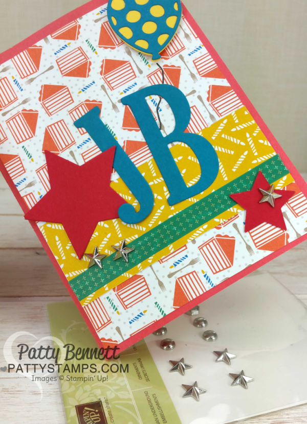 Balloon pop-up die birthday card idea featuring Stampin' UP! Party Animal paper and supplies, by Patty Bennett