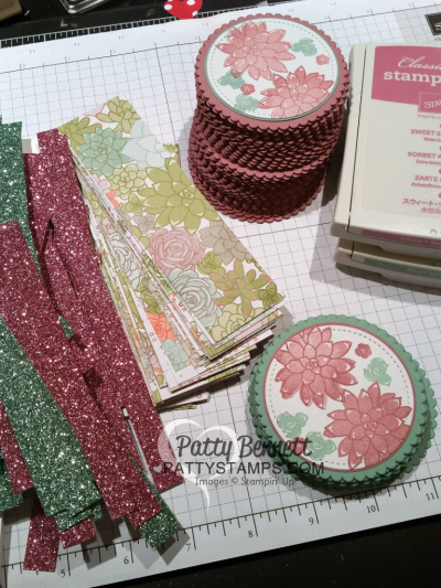 Supplies for Oh So Succulent stamp set cards featuring Succulent Garden paper and Sale-a-Bration glimmer paper, stitched shape and layering circle framelits from Stampin' Up!  cards by Patty Bennett