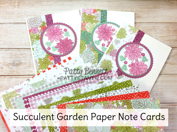 Oh So Succulent stamp set cards featuring Succulent Garden paper and Sale-a-Bration glimmer paper, stitched shape and layering circle framelits from Stampin' Up!  cards by Patty Bennett