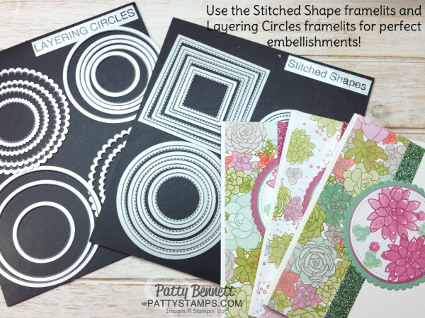Oh So Succulent stamp set cards featuring Succulent Garden paper and Sale-a-Bration glimmer paper, stitched shape and layering circle framelits from Stampin' Up!  cards by Patty Bennett