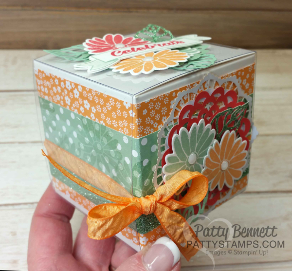 Stampin' Up! White Gift Box stamped and decorated with the Special Reason floral set and die cut with Stylish Stems framelits.  Stampin' Up! In Color Combo. project by Patty Bennett