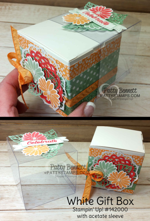 Stampin' Up! White Gift Box stamped and decorated with the Special Reason floral set and die cut with Stylish Stems framelits.  Stampin' Up! In Color Combo. project by Patty Bennett