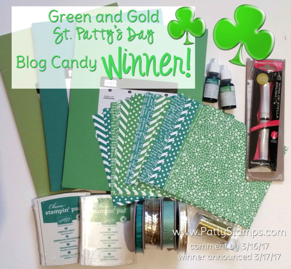 Winner of the Stampin' UP! Green & Gold St. Patty's day blog candy giveway at pattystamps.com