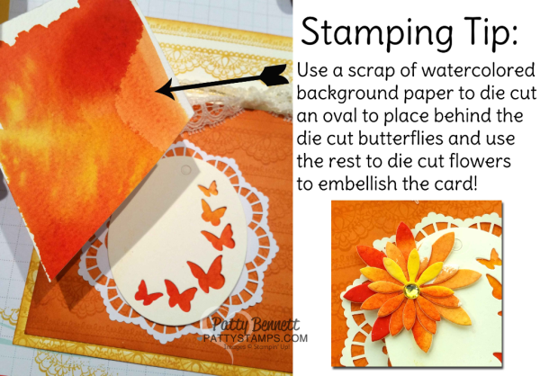 Stampin' tip for the Stampin' UP! Timeless Tags butterfly oval die cut and lace doily card by Patty Bennett, featuring the watercolor wash background technique!