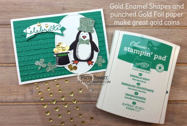 Snow Place penguin from Stampin' UP! - Happy St. Patty's day card from pattystamps.com featuring Snow Friends framelit dies green glimmer hat and bow tie, and hat full of gold coins.