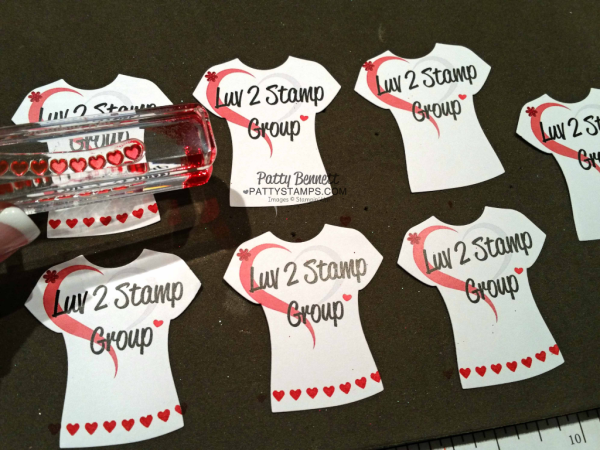 Luv 2 Stamp Group paper t-shirts die cut with the Stampin' UP! T-Shirt Builder framelits!  OnStage gift from Patty Bennett