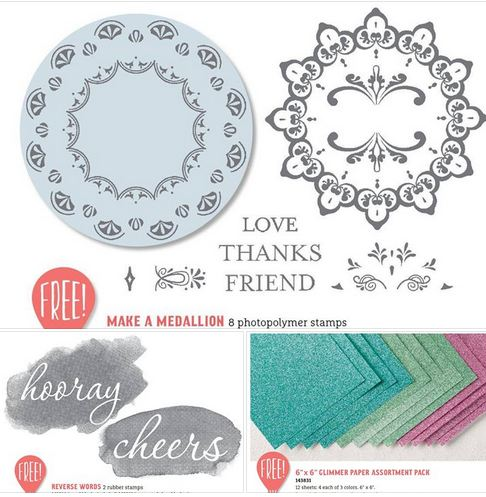 Stampin UP! sale a bration glimmer paper, reverse words and make a medallion stamp set available as your free item Feb. 21 to March 31, 2017