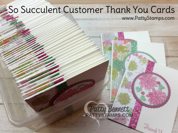 Oh So Succulent stamp set cards featuring Succulent Garden paper and Sale-a-Bration glimmer paper, stitched shape and layering circle framelits from Stampin' Up!  cards by Patty Bennett