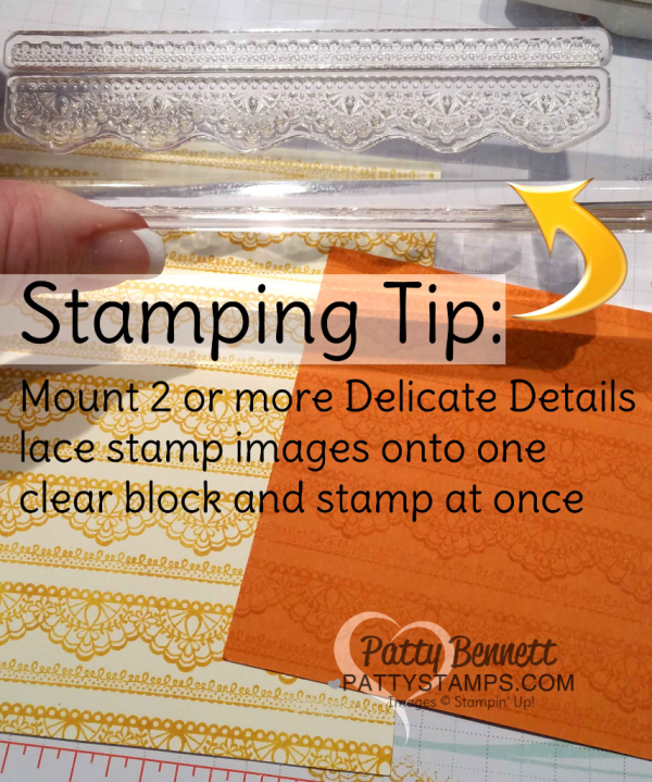 Stamping tip for the Delicate Details lace stamps from Stampin' Up! Sale-a-Bration 2017 set by Patty Bennett