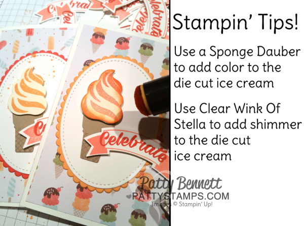 Tip for adding Wink of Stella clear glimmer pen to the Stampin' UP! Cool Treats stamp set and Frozen Treats framelits (bundle and save 10%) "soft serve" ice cream cone card idea by Patty Bennett