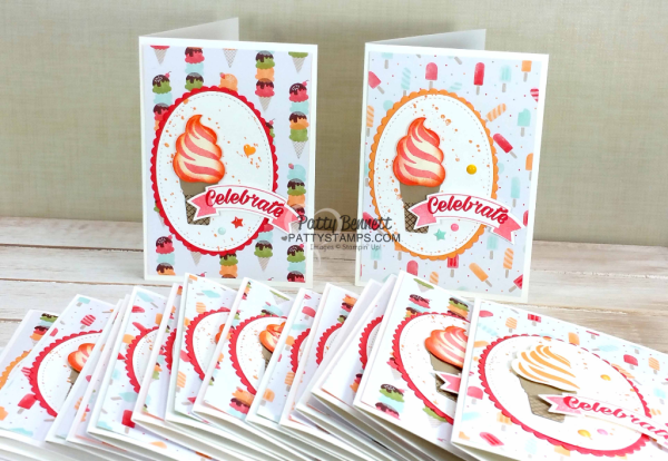 Stampin' UP! Cool Treats stamp set and Frozen Treats framelits (bundle and save 10%) "soft serve" ice cream cone card idea by Patty Bennett