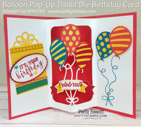 Balloon pop-up die birthday card idea featuring Stampin' UP! supplies, by Patty Bennett