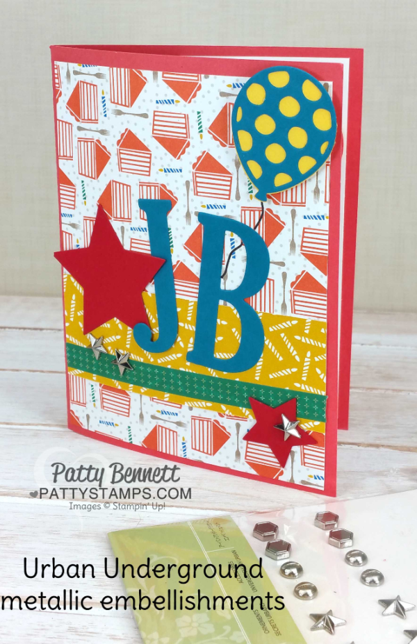 Balloon pop-up die birthday card idea featuring Stampin' UP! Party Animal paper and supplies, by Patty Bennett