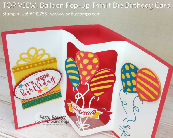 Balloon pop-up die birthday card idea featuring Stampin' UP! supplies, by Patty Bennett