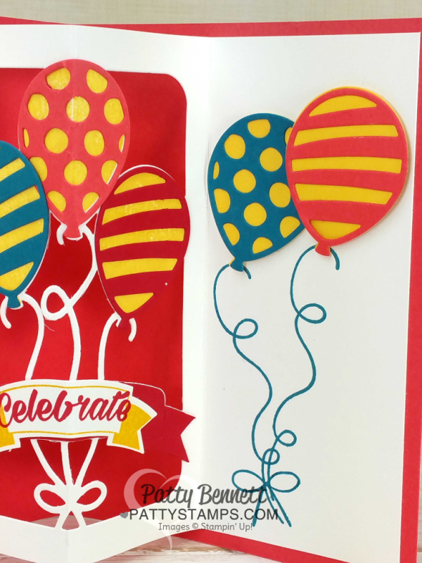 Balloon pop-up die birthday card idea featuring Stampin' UP! supplies, by Patty Bennett
