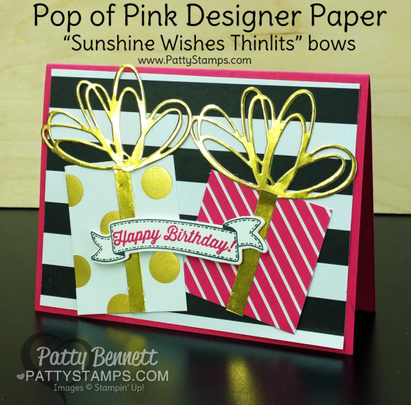 Stampin' UP! Pop of Pink designer paper card with Sunshine Wishes thinlits. Card idea by Patty Bennett