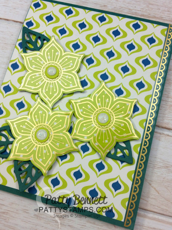Eastern Palace suite bundle card ideas featuring Stampin UP! new In Colors and Eastern Gold vinyl stickers on flower die cuts from the Eastern Medallion thinlit set. Cards by Patty Bennett Eastern Palace suite bundle card ideas featuring Stampin UP! new In Colors and Eastern Gold vinyl stickers on flower die cuts from the Eastern Medallion thinlit set. Cards by Patty Bennett