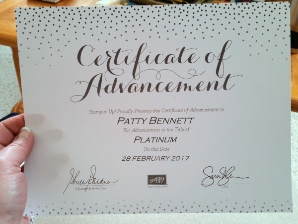 Platinum title promotion certificate from Stampin Up for Patty Bennett