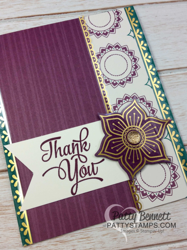 Eastern Palace suite bundle card ideas featuring Stampin UP! new In Colors and Eastern Gold vinyl stickers on flower die cuts from the Eastern Medallion thinlit set. Cards by Patty Bennett Eastern Palace suite bundle card ideas featuring Stampin UP! new In Colors and Eastern Gold vinyl stickers on flower die cuts from the Eastern Medallion thinlit set. Cards by Patty Bennett