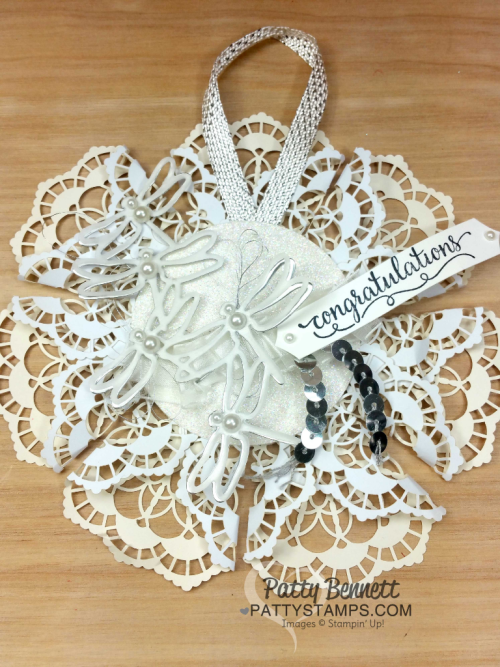 Detailed Dragonfly congratulations hanging ornament with Stampin' Up! Lace Doilies. Gift from Cindee.