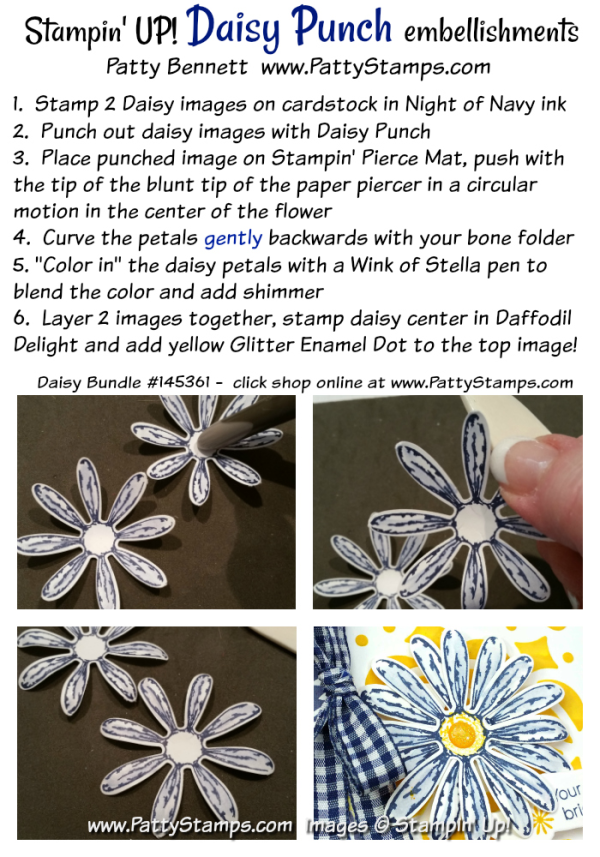 How to stamp the daisy punch bundle from Stampin' UP! and color with Wink of Stella pen by Patty Bennett