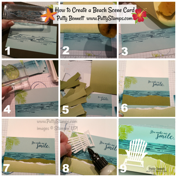 Step by Step how to create a beach scene card with Seasonal Layers adirondack chair and Stampin' Up! Fabulous Flamingo stamp set by Patty Bennett