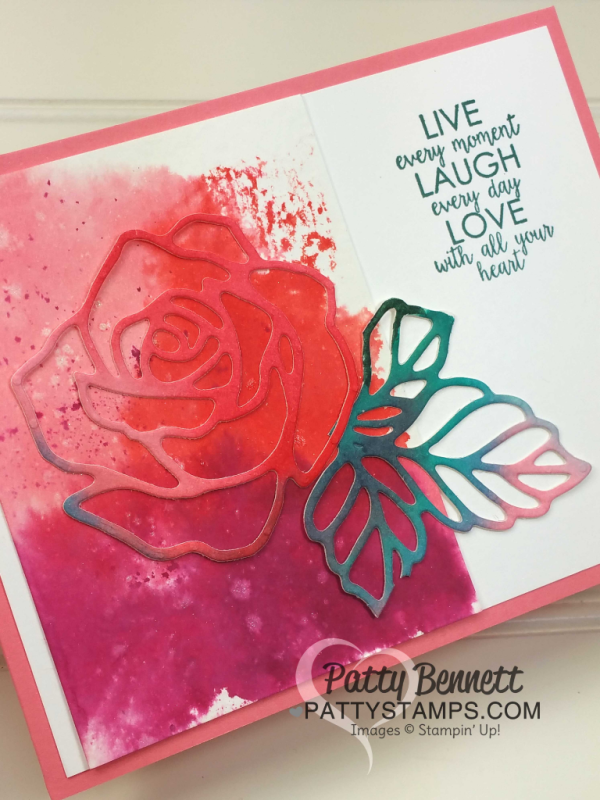 Rose Garden thinlit floral cards on  watercolor background paper featuring Stampin Up! ink, paper, dies and stamps, by Patty Bennett.  Greeting from the Ribbon of Courage stamp set.