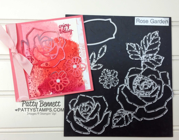 Rose Garden thinlit floral cards on  watercolor background paper featuring Stampin Up! ink, paper, dies and stamps, by Patty Bennett