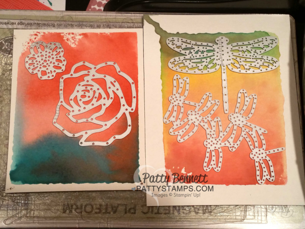 Rose Garden and Detailed Dragonfly Stampin' Up! thinlits on watercolor wash backgrounds for handmade cards by Patty Bennett