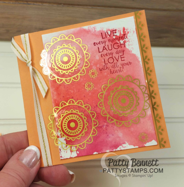 Eastern Palace Gold Vinyl Stickers on Stampin' Up! cards by Patty Bennett. Watercolor background "smoosh" technique. Eastern Palace Gold Vinyl Stickers on Stampin' Up! cards by Patty Bennett. Watercolor background "smoosh" technique.